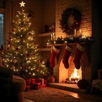 A fireplace with a christmas tree and presents in front of it photo