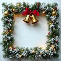 Christmas frame with bells and fir branches on white background photo