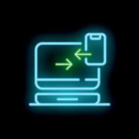 Neon icon of data transferring from smartphone to laptop vector