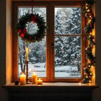 A window with a wreath and candles on it photo