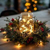 A mason jar with lights and greenery on a table photo