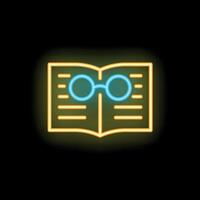 Neon sign of open book with glasses for library or bookstore vector