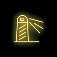 Neon lighthouse shining its bright light on black background vector