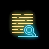 Neon magnifying glass scouring lines of text representing search vector
