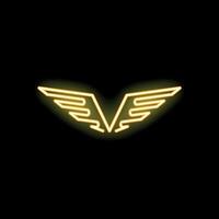 Neon wings logo forming letter v on black background vector