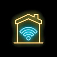 Neon icon of house with wifi signal representing smart home technology vector