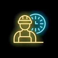 Neon sign of construction worker wearing hard hat with clock showing working hours vector