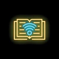 Neon icon of open book emitting wifi signal representing online education vector