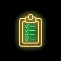 Neon clipboard with checklist showing tasks completed glowing green and yellow vector