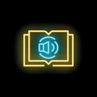 Neon icon of audio book with sound waves coming from open book vector