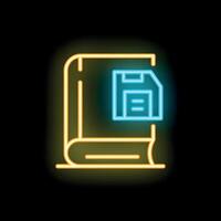 Neon icon of book with floppy disk for online education vector
