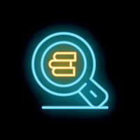 Neon magnifying glass searching books stack on dark background vector