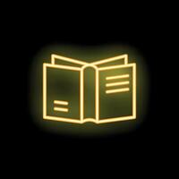 Open book with text lines glowing in yellow neon light vector