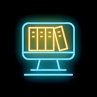 Neon icon of computer screen displaying digital library or online bookshelf vector