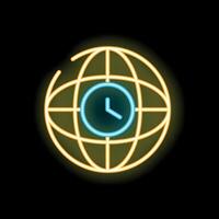 Neon sign representing global business hours with clock and world grid vector