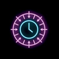 Neon clock showing deadline approaching with arrows pointing inwards vector