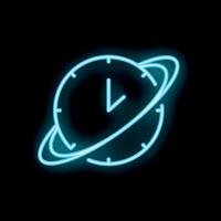 Neon clock face surrounded by orbiting rings on black background vector