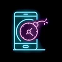 Neon sign of smartphone showing time bomb exploding vector