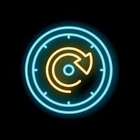 Neon sign depicting clock face with rotating arrow symbolizing time passing vector