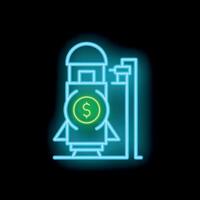 Neon rocket launch with dollar coin symbolizing business startup success vector