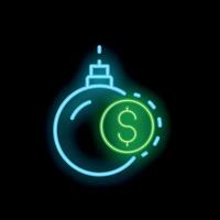 Neon sign representing a money bomb exploding with a green dollar sign on black background vector