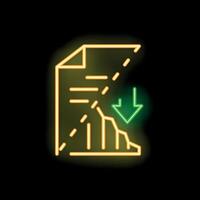 Neon icon of document with decreasing graph showing negative trend vector