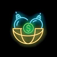Neon sign depicting two explosives falling on earth with dollar coin inside, vector