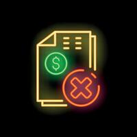 Neon icon style image depicting a document with a dollar sign being declined vector