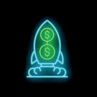 Neon rocket taking off showing dollar sign currency symbol inside on black background vector