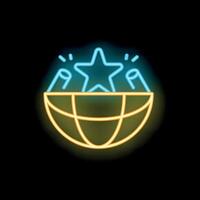 Neon icon representing global success with star shining over planet earth vector
