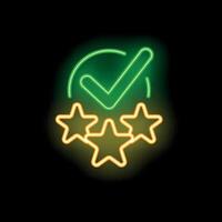 Green neon check mark validating three yellow neon stars on black background vector