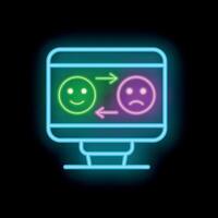 Neon icon of computer screen showing changing customer feedback from sad to happy vector