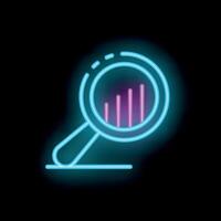 Neon magnifying glass showing growing chart icon on black background vector