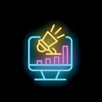 Neon sign representing digital marketing strategy with megaphone on computer screen and growing statistics vector
