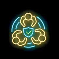 Neon icon of people protecting with shield, security and teamwork concept vector
