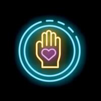 Neon sign of open hand with heart showing kindness and support vector