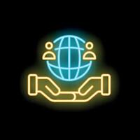 Two hands holding globe with two people icon neon style vector