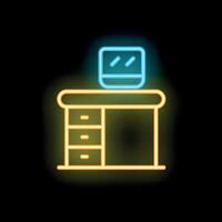 Neon sign of an office desk with a desktop computer on top vector