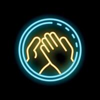 Neon icon of hands clapping inside a circle on black background vector