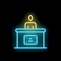 Neon sign of reception desk with a receptionist standing behind it vector