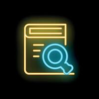 Neon icon of magnifying glass searching through document file vector