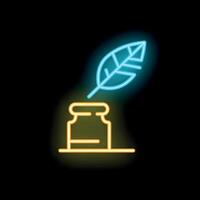 Neon sign of feather pen resting on inkwell on black background vector