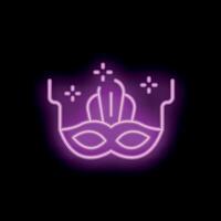 Neon sign of carnival mask with feathers is glowing on black background vector