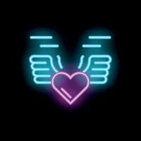 Neon heart taking flight with angel wings on black background vector