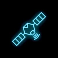 Neon satellite icon transmitting signal in space vector