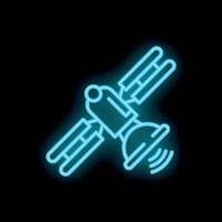 Neon satellite icon transmitting signal in space exploration concept vector
