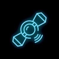 Neon blue satellite icon transmitting signals in space vector
