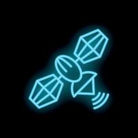 Neon blue satellite icon transmitting signals in space vector