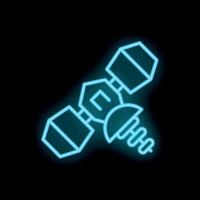 Blue neon satellite orbiting earth icon on black background vector