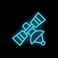 Neon blue satellite icon glowing on black background vector